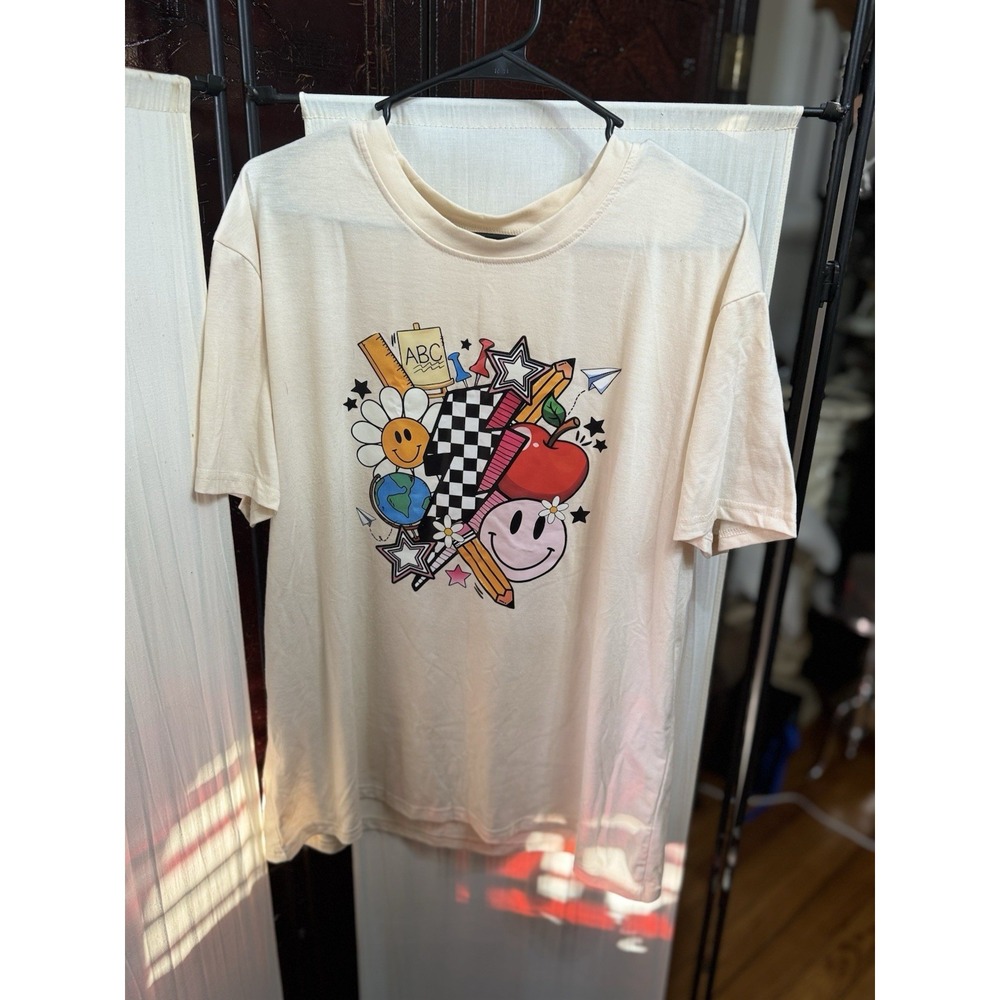 Teacher School Supplies Smiley Face Graphic T-Shirt Cream 2XL Back to School